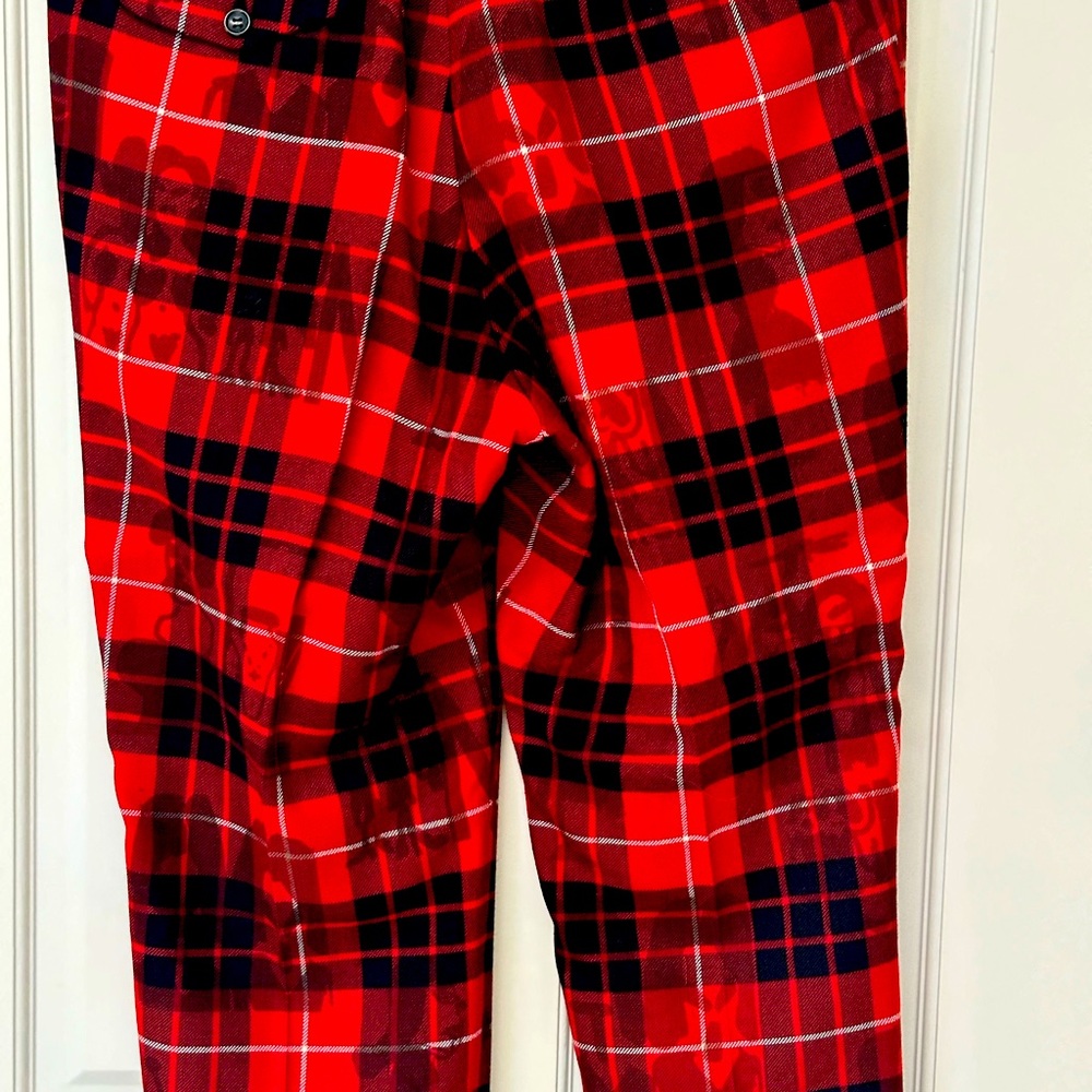Comme des Garçons plaid pants, designed with artwork by Alissa Yoffee.